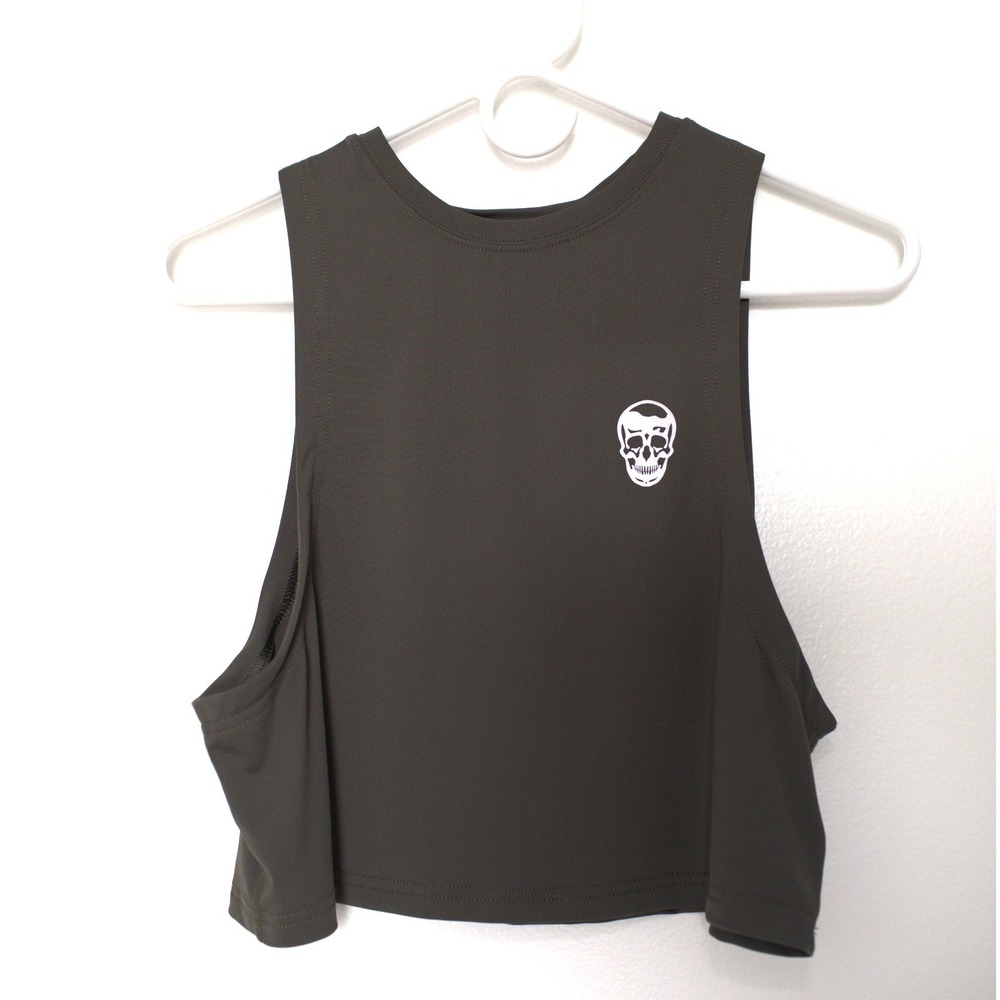 Gymreapers Womens Skull Crop Muscle Tank Top Olive Green Small Gym Workout